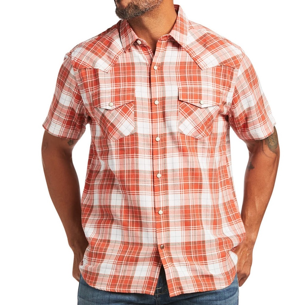 TIMBERLAND plaid shirt short sleeve summer orange white cotton